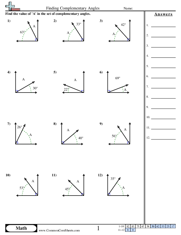 Finding Complementary Angles worksheet